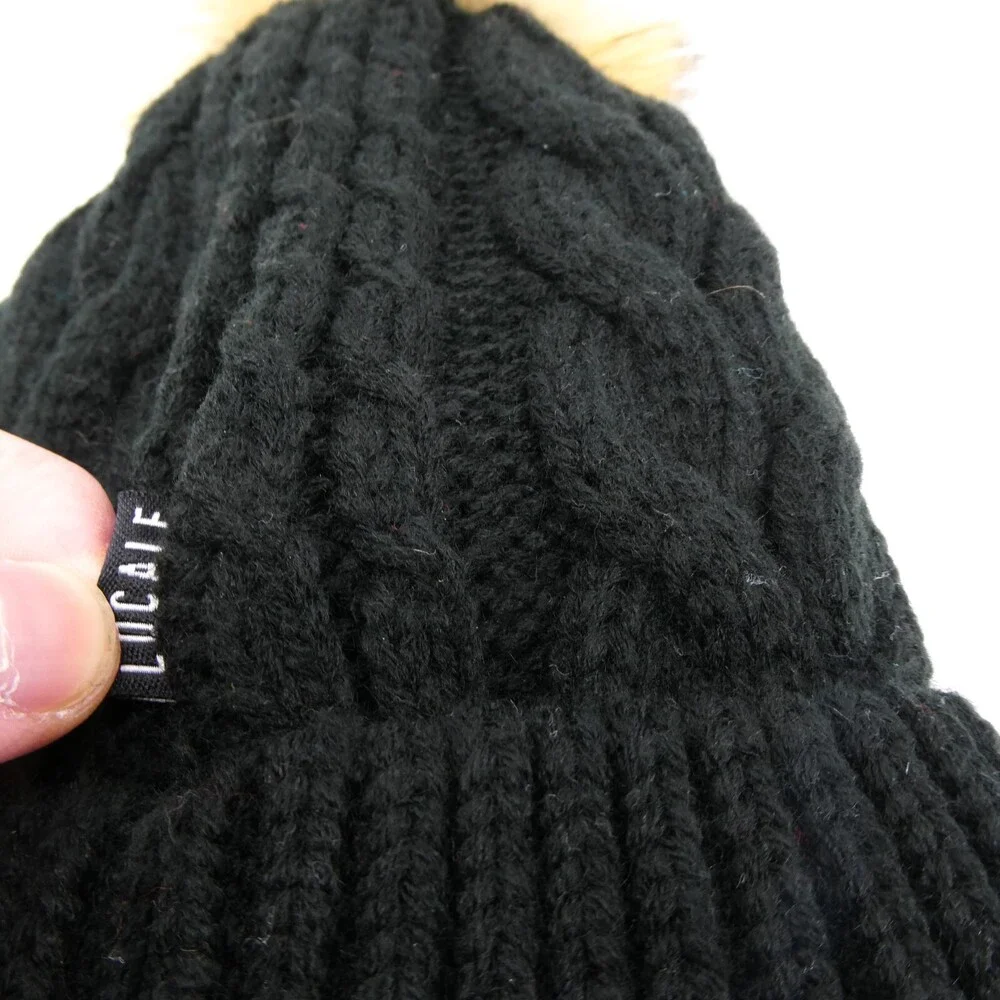 Cable Knit Winter‎ Hat Womens One Size Black Preppy Cap Locale Outdoor Pom Sport